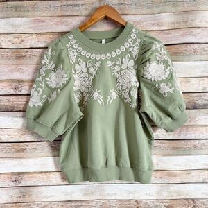 By Anthropologie Green Puff Sleeve Floral Embroidered Sweatshirt Size Small